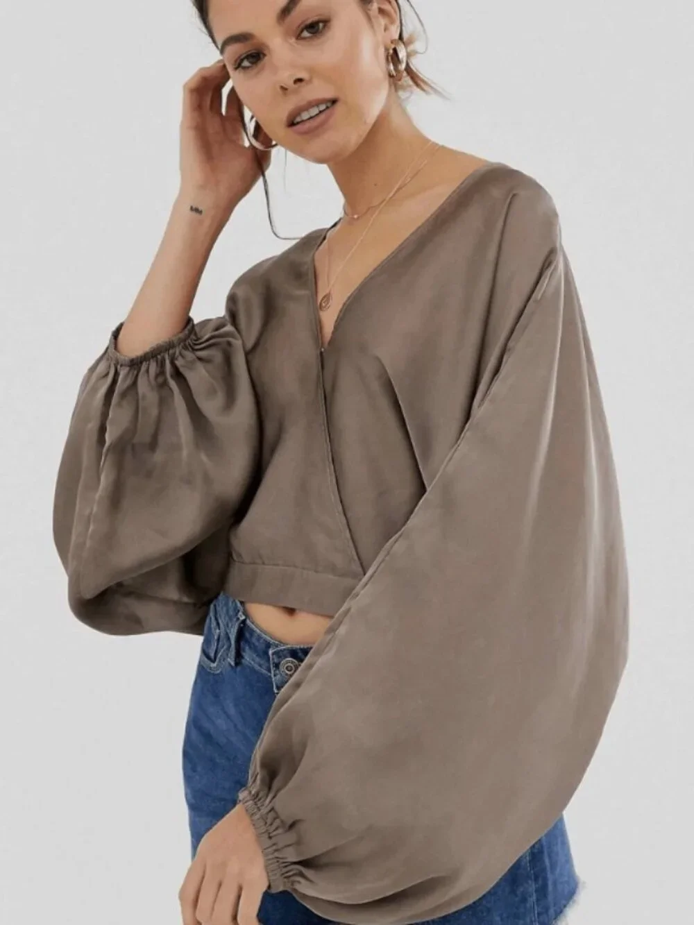 Free People Mushroom Midnight Vibes Satin Blouse Size XS 36934